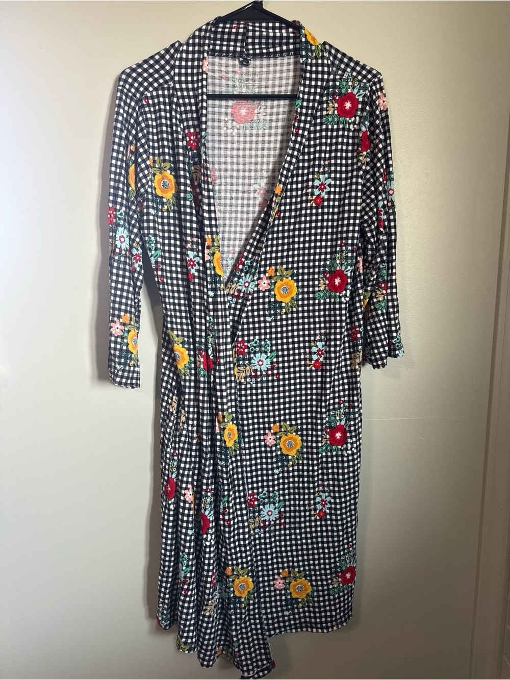 Posh Peanut Black Gingham Floral Wrap Robe with Yellow, Red and Pink Accents